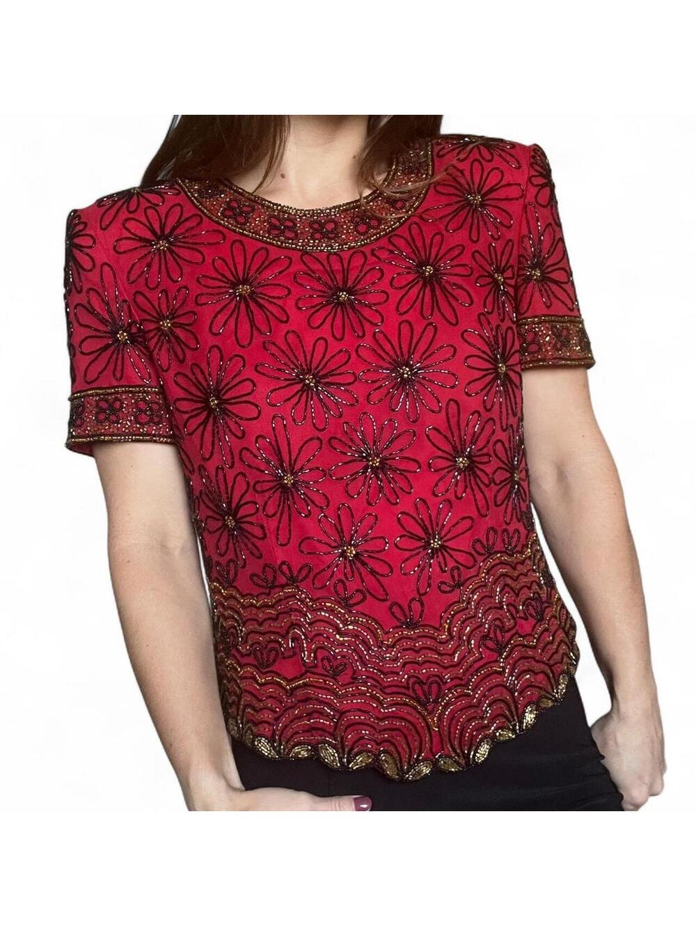 Vintage Adrianna Papell Red Beaded 100% Silk Blouse